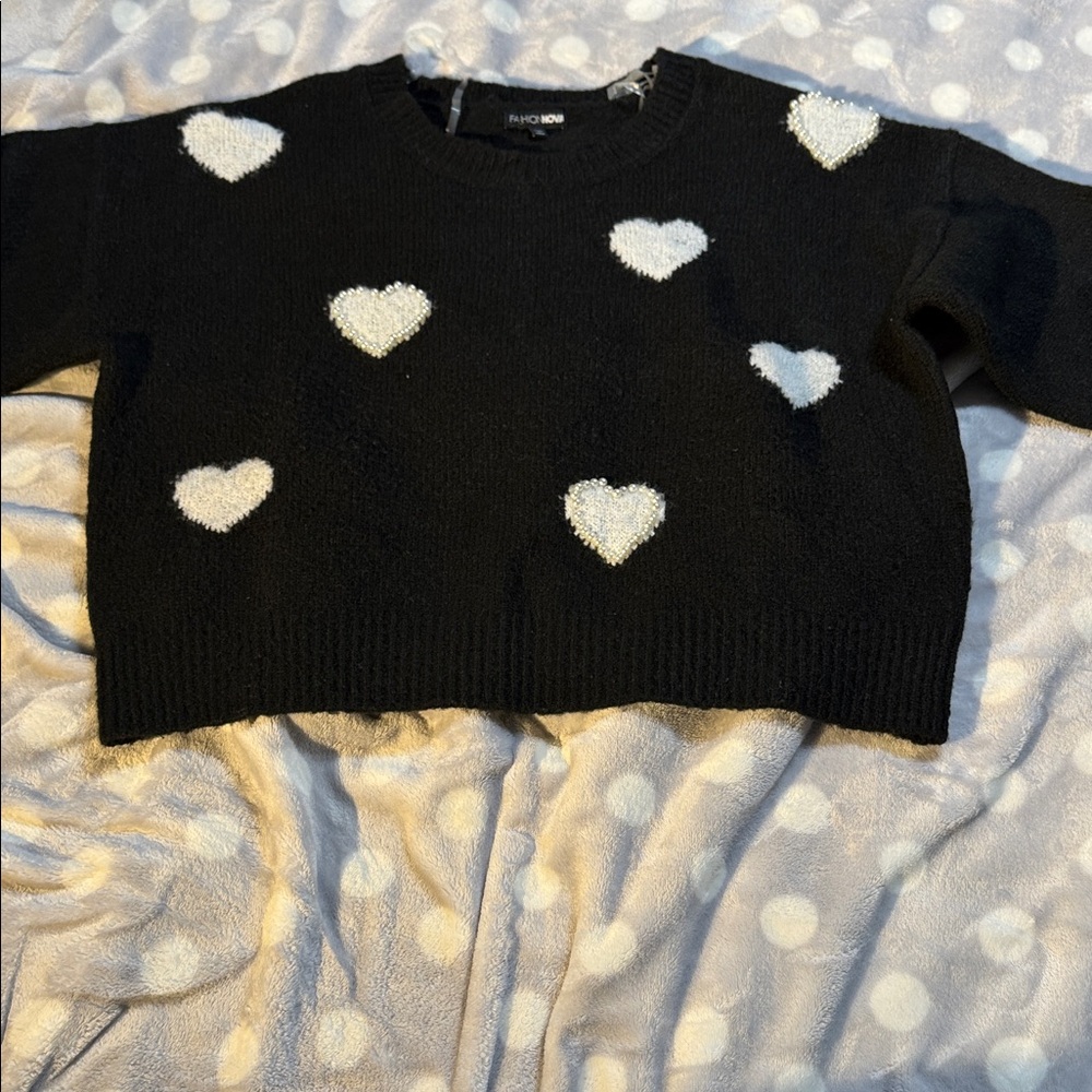 Fashion Nova Black Sweater with White Hearts